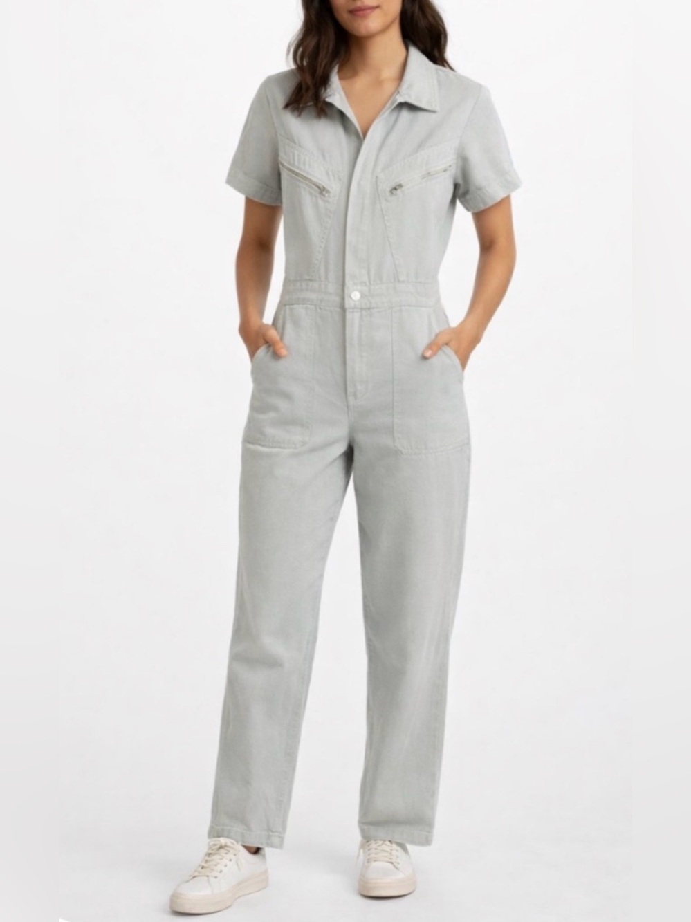 Zara Light Sage Green Short-Sleeve Denim Utility Jumpsuit
